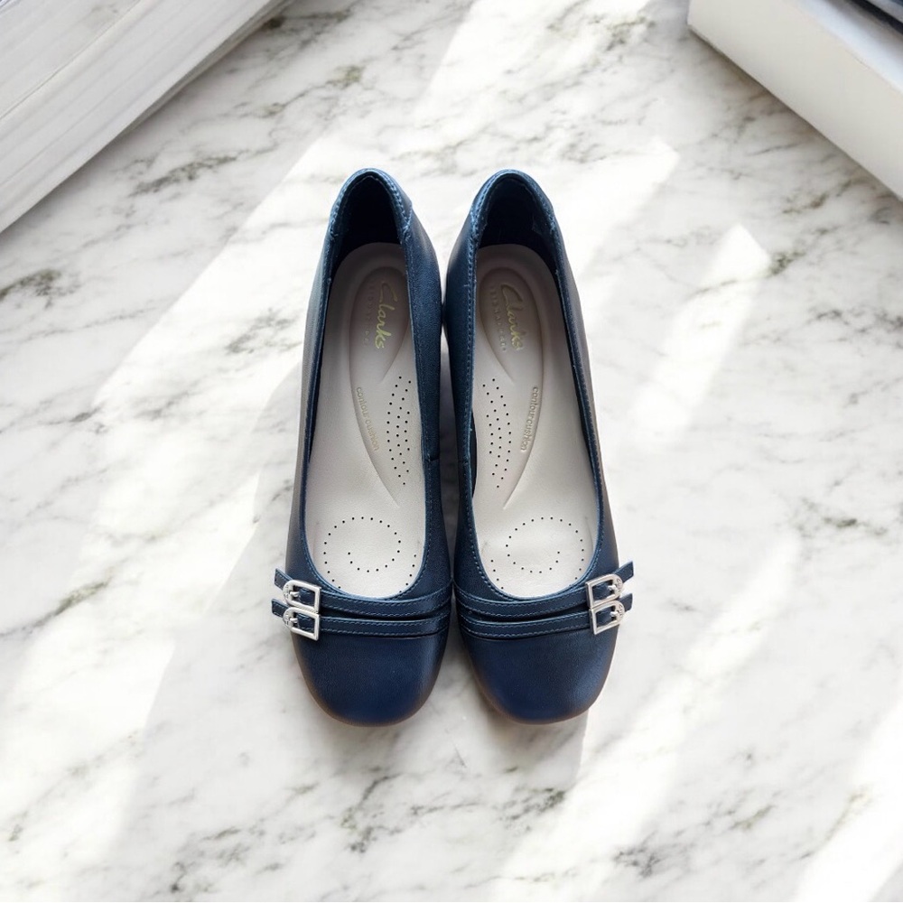 Clarks Women's Navy Loafers with Buckle Detail